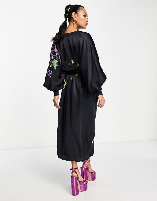 ASOS EDITION satin floral embroidered midi dress in violet