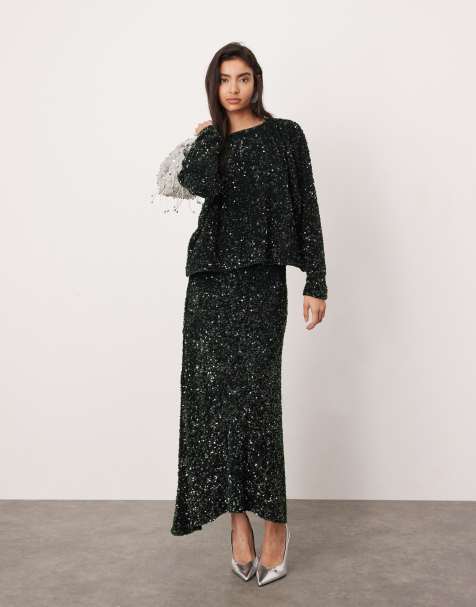 ASOS EDITION velvet allover sequin asymmetric hem skirt co-ord in dark green