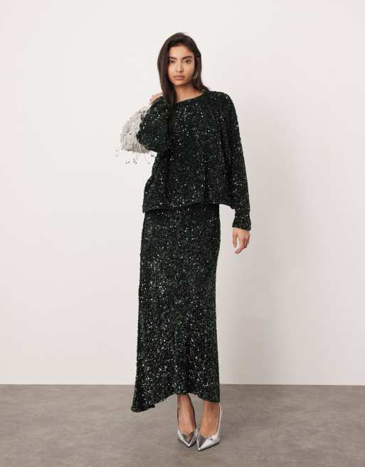ASOS EDITION velvet allover sequin asymmetric hem skirt in dark green - part of a set