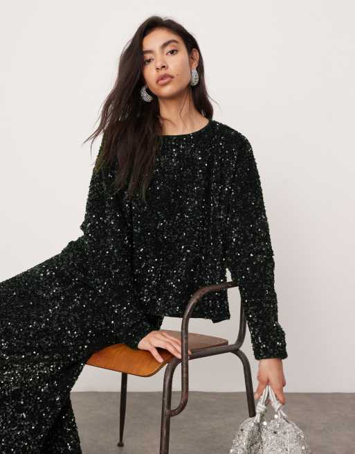 ASOS EDITION velvet allover sequin long sleeve slouchy top in dark green - part of a set