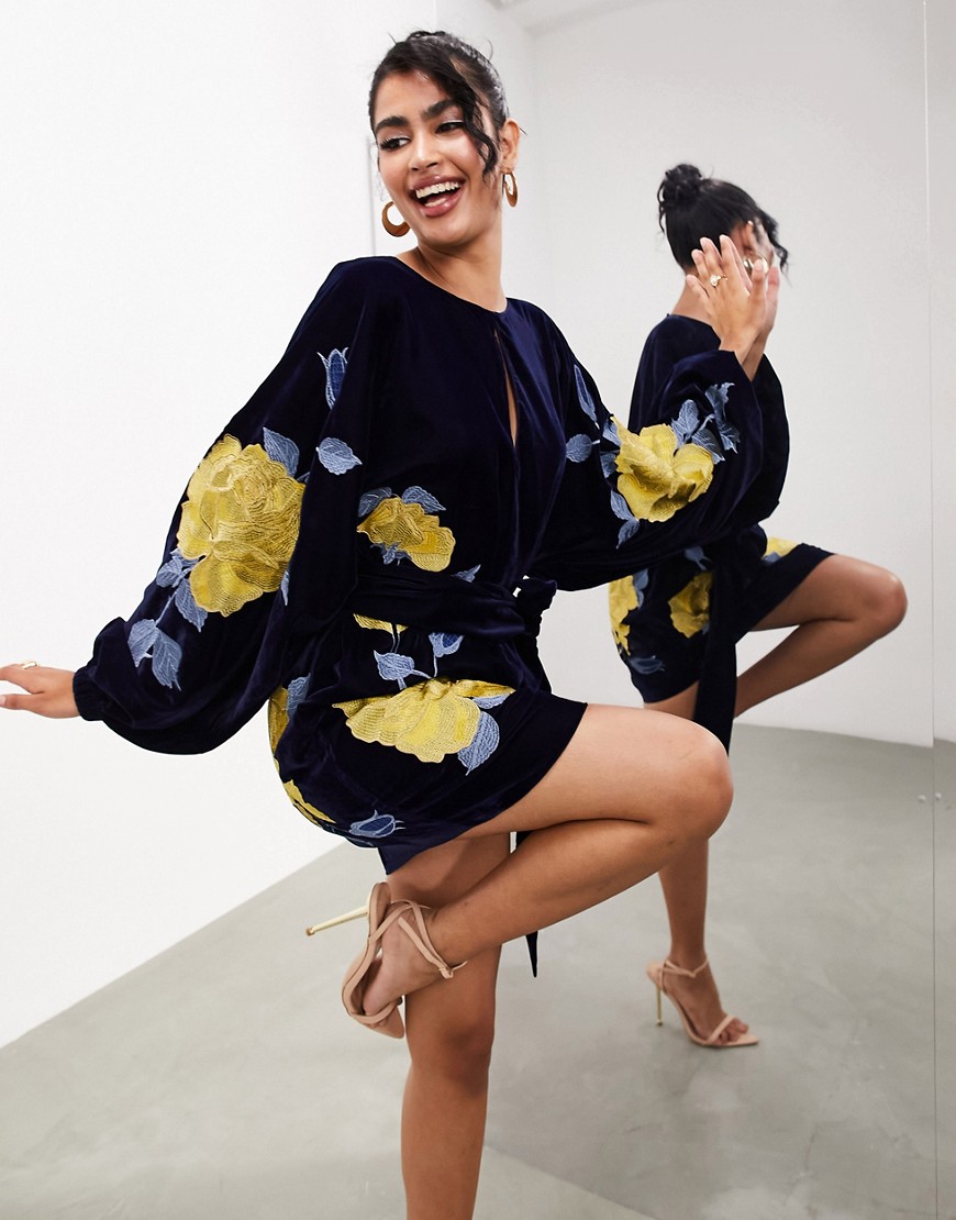Asos Design Velvet Blouson Mini Wrap Dress With Floral Embroidery In Navy