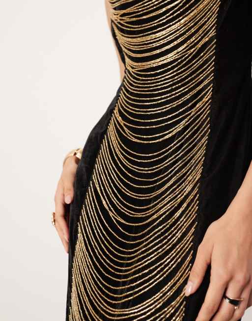spiked black dress Rent ASOS DESIGN Satin Halter Maxi Dress With Fringe Scarf Detail In Black main image 0