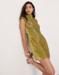[ASOS EDITION] ASOS EDITION velvet embellished contour draped fringe high neck mini dress in olive green-Multi 4 Olive