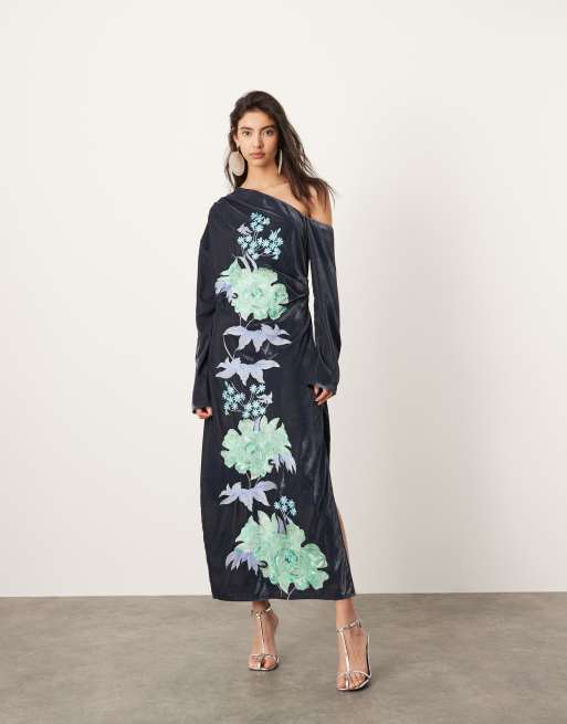 Asos design double layer midi embroidered fashion dress with long sleeves