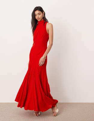 velvet halterneck maxi dress with godet skirt in red