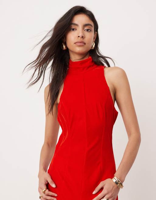 ASOS EDITION velvet halterneck maxi dress with godet skirt in red ASOS