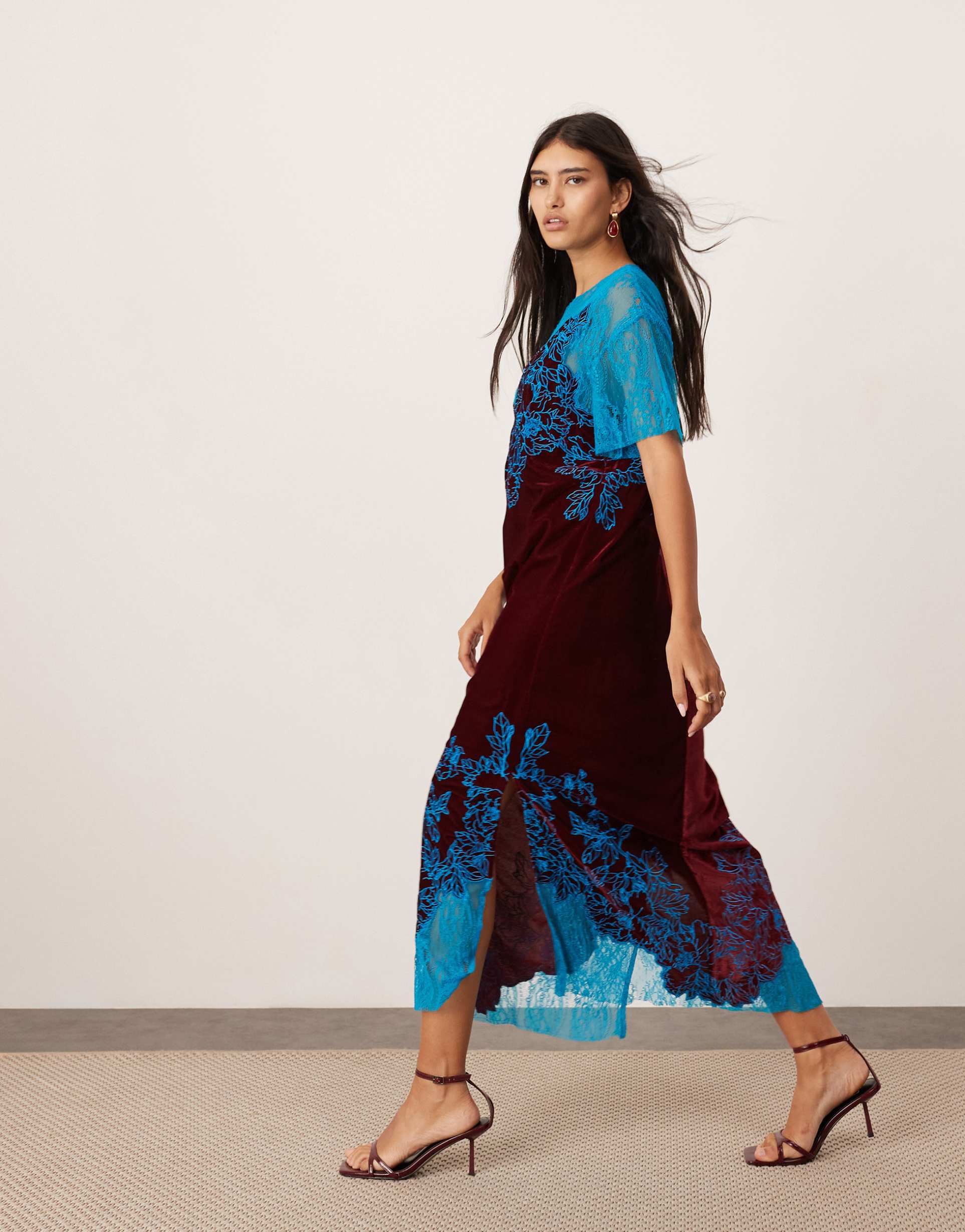 asos edition velvet lace applique embroidered column midi dress in burgundy