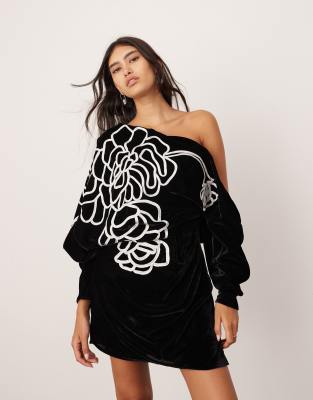 ASOS EDITION velvet linear embroidered floral slouchy shoulder mini dress in black