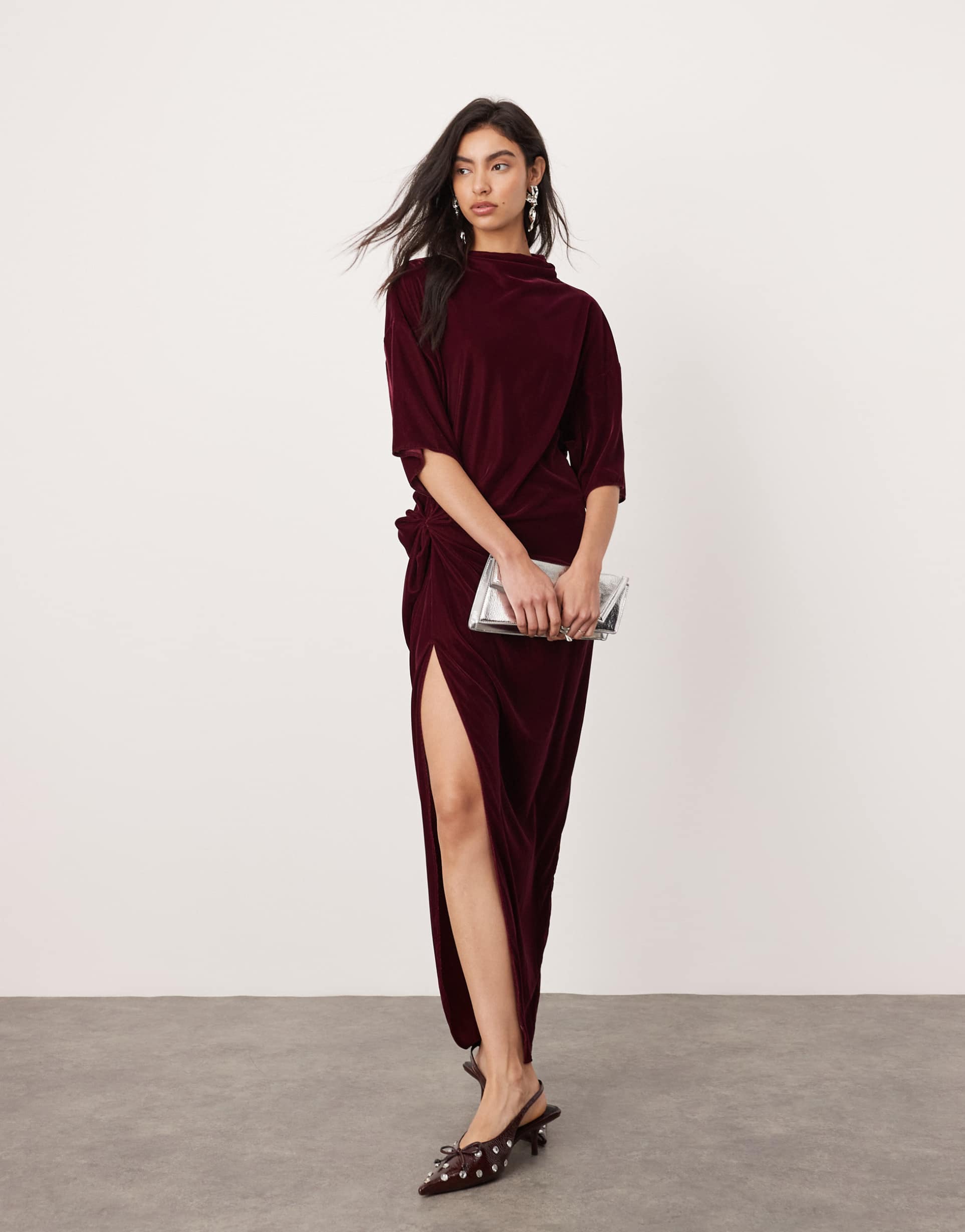 asos edition velvet twist waist t-shirt maxi dress in burgundy