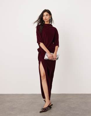 ASOS EDITION velvet twist waist t-shirt maxi dress in burgundy-Gold