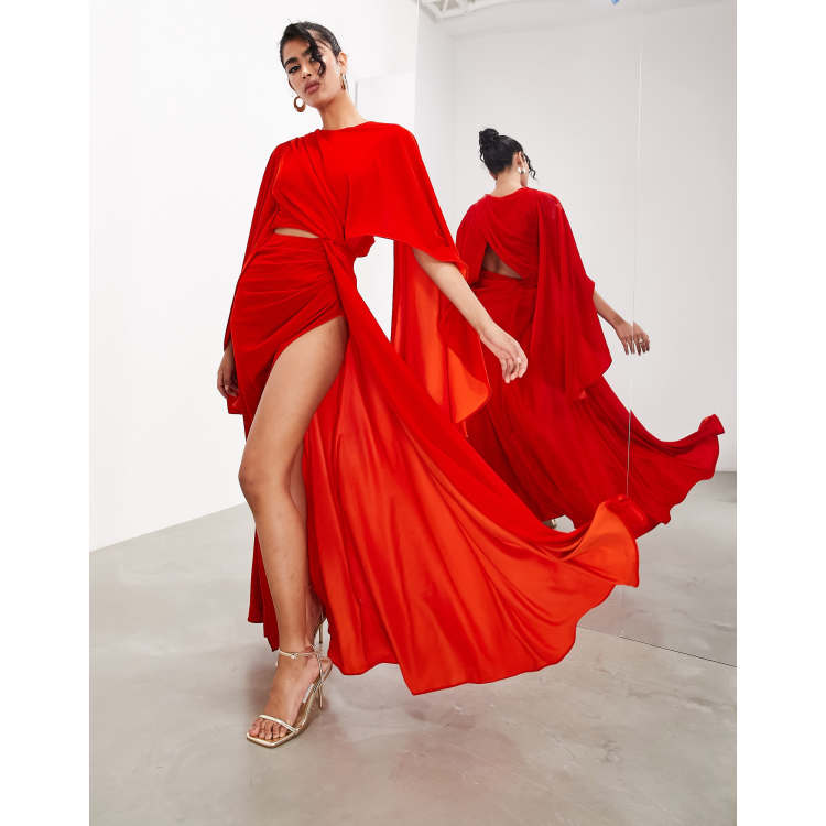 ASOS EDITION velvet volume flare sleeve grecian cut out maxi dress in red