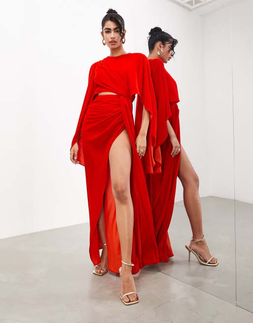 ASOS EDITION velvet volume flare sleeve grecian cut out maxi dress in red ASOS