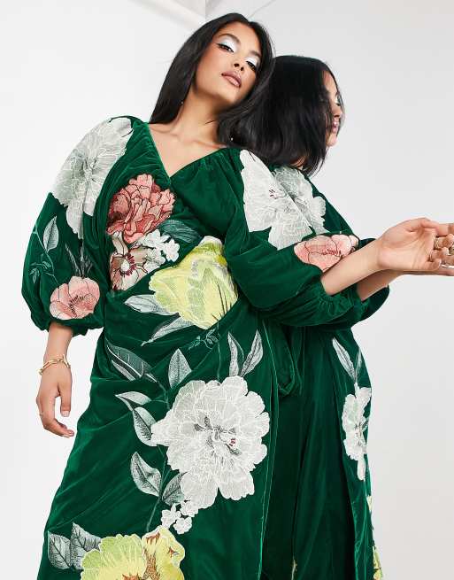 ASOS EDITION velvet wrap midi dress in large bloom floral embroidery in green