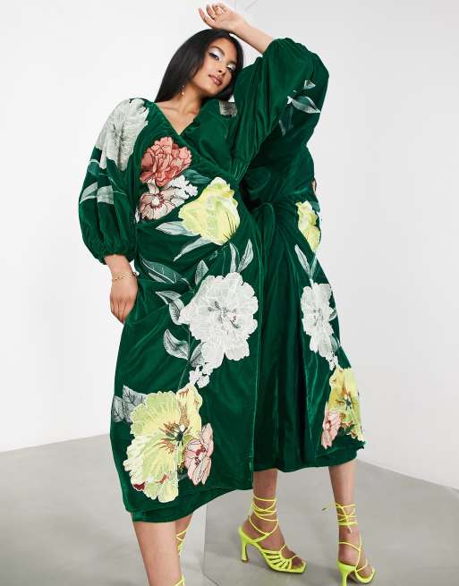 ASOS EDITION velvet wrap midi dress in large bloom floral embroidery in  green