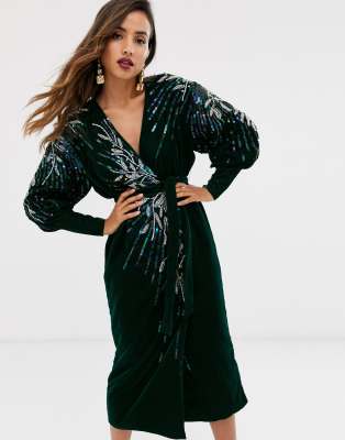 dark green velvet wrap dress