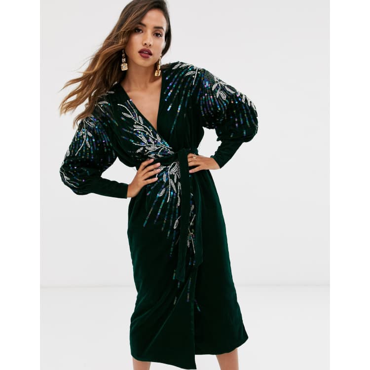 Asos design wrap midi shop dress in velvet stripe sequin