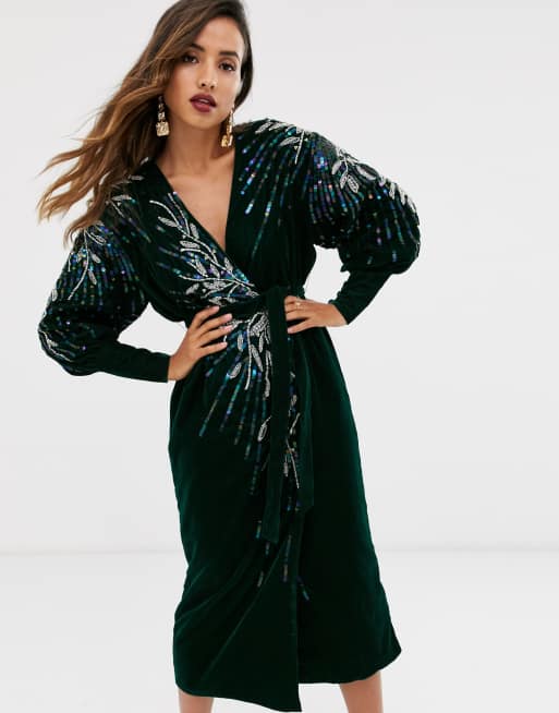 ASOS EDITION velvet wrap midi dress with embellished placement