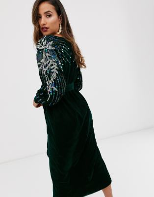 velvet embellished wrap dress