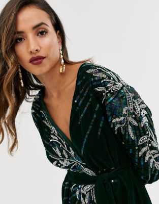 Warehouse velvet hotsell embellished wrap dress