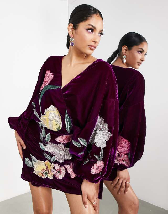 ASOS EDITION velvet wrap mini dress in dahlia floral embroidery in wine