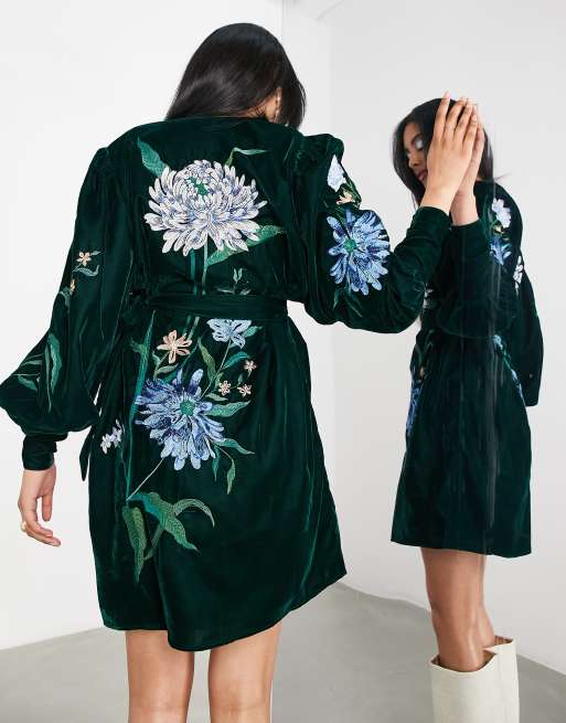 green emerald velvet dress Asos Edition Velvet Wrap Midi Dress In Large Bloom Floral Embroidery In  Green main image 1