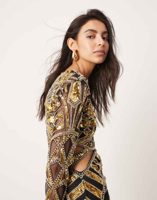 ASOS EDITION Verziertes langarmliges Pailletten Maxikleid in Schwarz und Gold mit Zierausschnitt und tiefem Ausschnitt