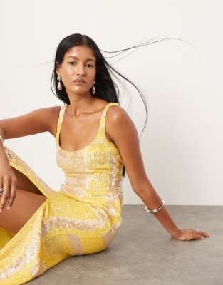 ASOS EDITION - Verziertes Midaxikleid mit geometrischem Muster in Gelb und eckigem Ausschnitt-Bunt