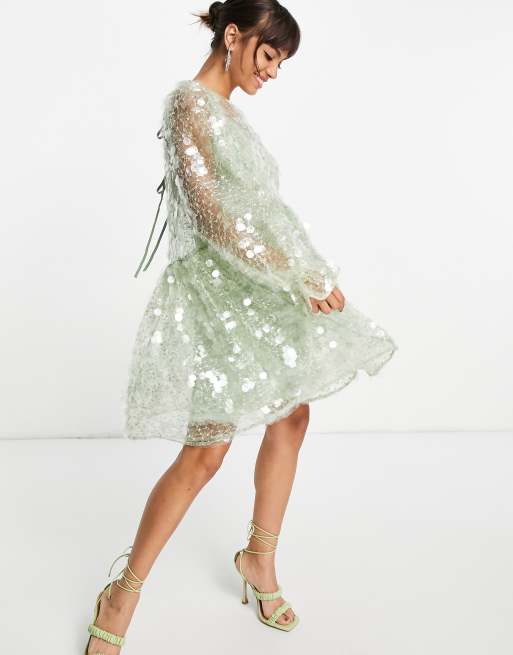 ASOS EDITION - Vestitino grembiule corto ricamato con paillettes, colore verde menta