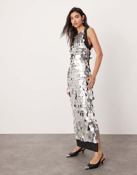 ASOS EDITION - Vestito argento con schiena scoperta, bordi grezzi, paillettes irregolari e gonna al polpaccio - view 1