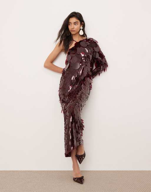 ASOS EDITION - Vestito bordeaux multicolore monospalla con gonna al polpaccio decorato con dischi
