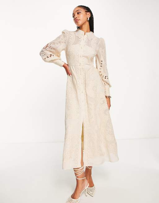 ASOS Edition - Vestito camicia midi color crema con ricamo