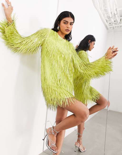 ASOS EDITION - Vestito corto a maniche lunghe con paillettes lunghe verde lime