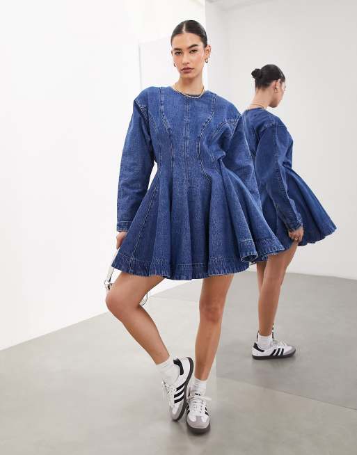 ASOS Edition - Vestito corto a maniche lunghe in denim blu medio con cuciture a vista, 3 di 4