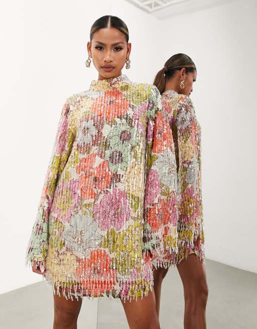 ASOS Edition - Vestito corto accollato con frange e stampa floreale con paillettes, 3 di 4
