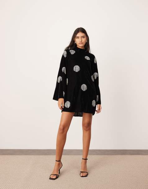 ASOS Edition - Vestito corto accollato in velluto nero con frange in strass - view 1