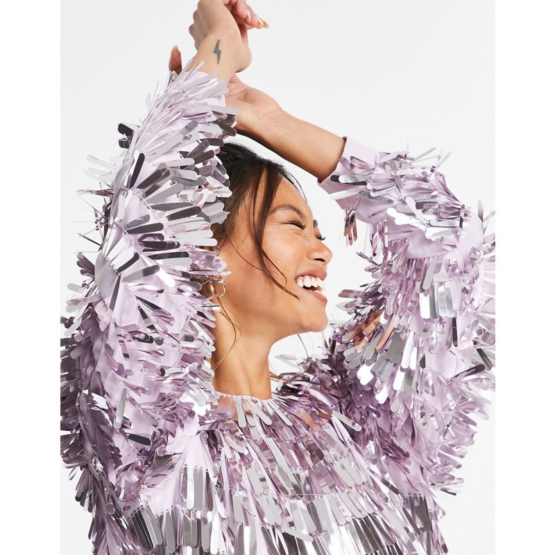 Donna Designer Edition - Vestito corto con frange e paillettes lilla e con maniche ad ali di pipistrello