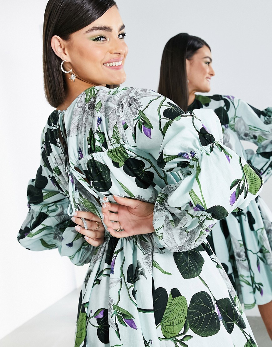 ASOS Edition - Vestito corto in lino con maniche plissettate in verde pallido con stampa di orchidee  donna Verde - immagine2