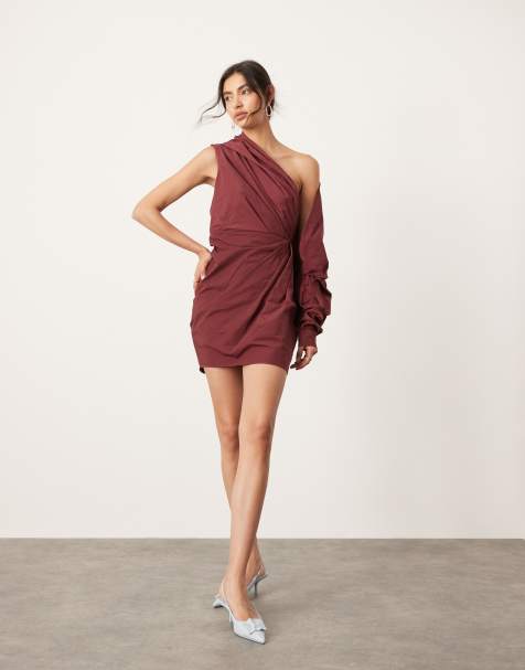 ASOS EDITION - Vestito corto monospalla voluminoso in cotone, colore bordeaux - view 1