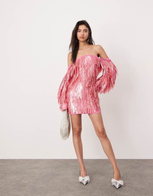 ASOS EDITION Vestito corto rosa decorato con paillettes lunghe e maniche oversize