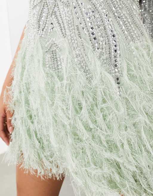 ASOS EDITION - Vestito corto verde salvia con piume sintetiche sul fondo, cristalli e perline, 2 di 4