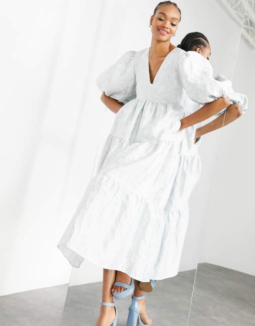 ASOS EDITION - Vestito grembiule in jacquard, colore blu pallido