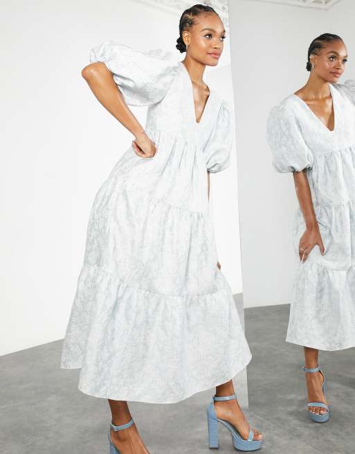 ASOS EDITION - Vestito grembiule in jacquard, colore blu pallido, 4 di 4