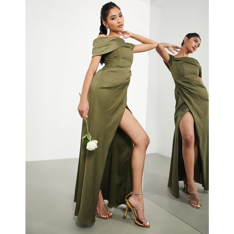  SCKIJ EDITION - Vestito lungo a portafoglio in raso verde oliva drappeggiato con scollo alla Bardot