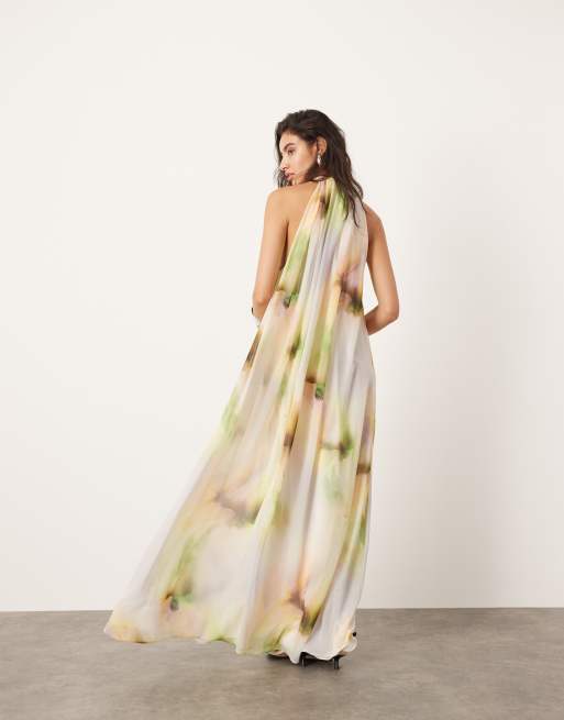 ASOS Edition - Vestito lungo a trapezio allacciato al collo in chiffon con stampa effetto acquerello, 2 di 4