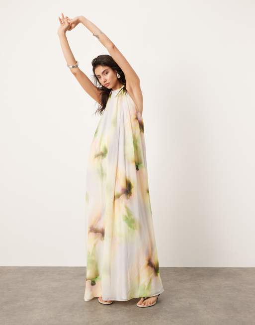 ASOS Edition - Vestito lungo a trapezio allacciato al collo in chiffon con stampa effetto acquerello, 4 di 4