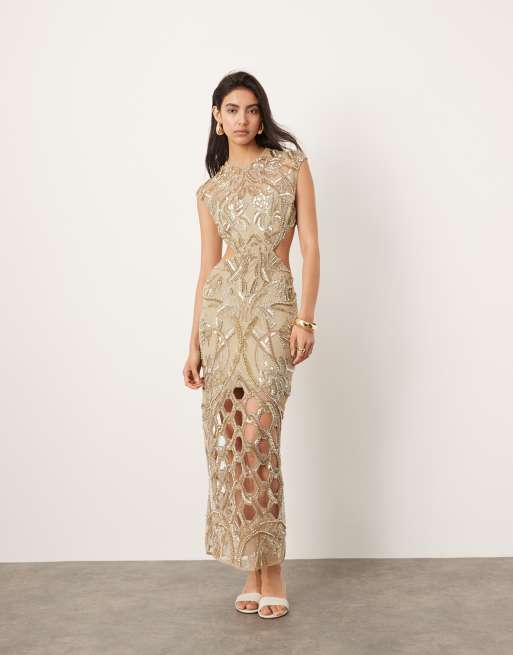 ASOS Edition - Vestito lungo accollato color oro con maniche ad aletta e decorazioni floreali in stile nouveau