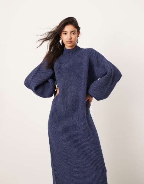 ASOS EDITION - Vestito lungo accollato in maglia spessa color blu navy - view 1