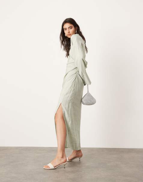 ASOS Edition - Vestito lungo accollato morbido verde salvia pallido con dettagli arricciati e cut-out sul retro - view 1