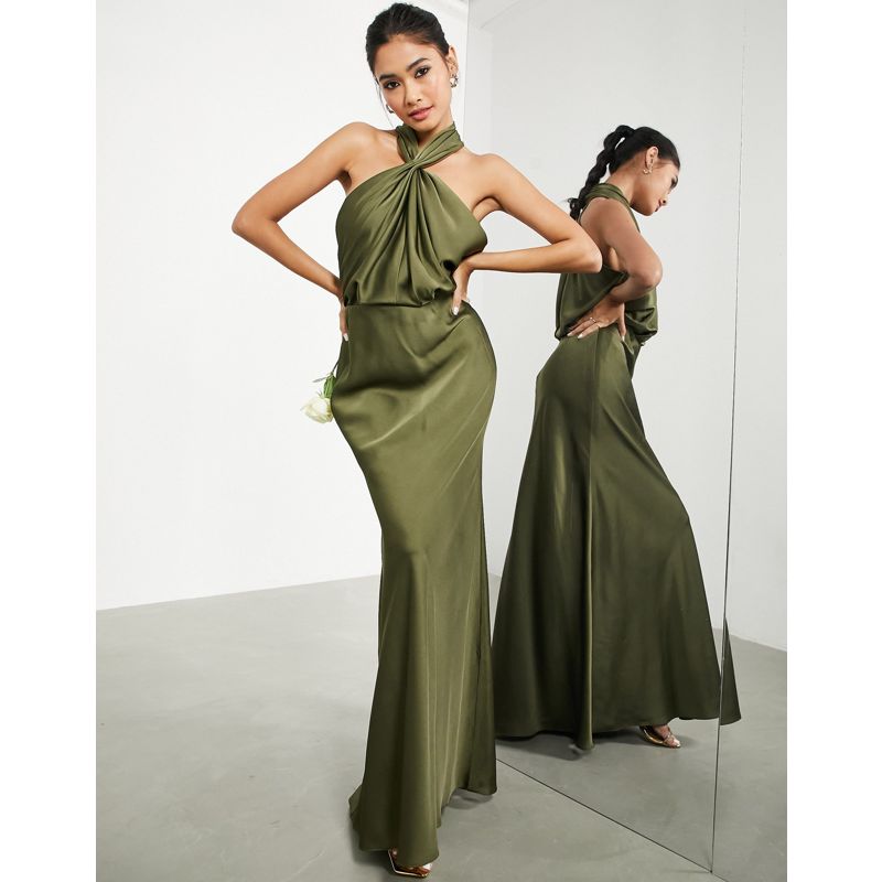 Designer Donna EDITION - Vestito lungo allacciato al collo in raso arricciato verde oliva