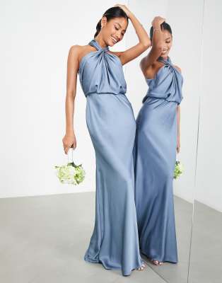 ASOS EDITION satin ruched halter neck maxi dress in dusky blue - ASOS Price Checker
